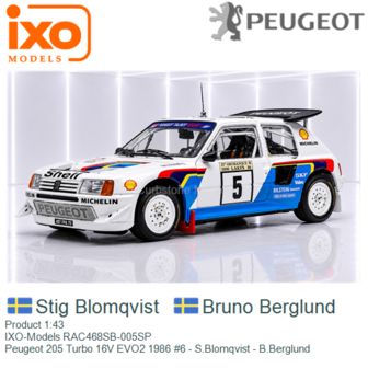 Product 1:43 | IXO-Models RAC468SB-005SP | Peugeot 205 Turbo 16V EVO2 1986 #6 - S.Blomqvist - B.Berglund