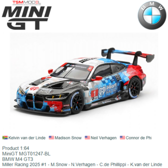Product 1:64 | MiniGT MGT01247-BL | BMW M4 GT3 | Miller Racing 2025 #1 - M.Snow - N.Verhagen - C.de Phillippi - K.van der Linde