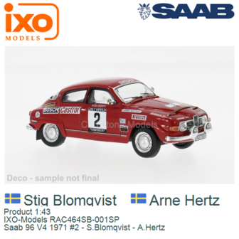 Product 1:43 | IXO-Models RAC464SB-001SP | Saab 96 V4 1971 #2 - S.Blomqvist - A.Hertz