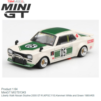 Product 1:64 | MiniGT MGT01343 | Liberty Walk Nissan Skyline 2000 GT-R (KPGC110) Kenmeri White and Green 1969 #05
