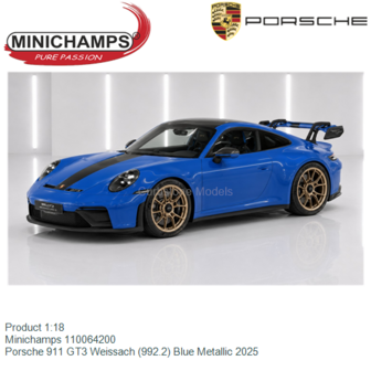 Product 1:18 | Minichamps 110064200 | Porsche 911 GT3 Weissach (992.2) Blue Metallic 2025