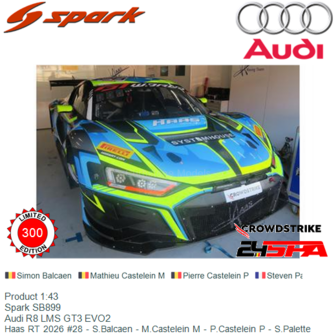 Product 1:43 | Spark SB899 | Audi R8 LMS GT3 EVO2 | Haas RT 2026 #28 - S.Balcaen - M.Castelein M - P.Castelein P - S.Palette