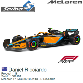 Product 1:18 | Solido 1809101 | McLaren F1 MCL36 2022 #3 - D.Ricciardo