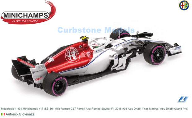 Modelauto 1:43 | Minichamps 417182136 | Alfa Romeo C37 Ferrari Alfa Romeo Sauber F1 2018 #36 Abu Dhabi / Yas Marina / Abu Dhabi