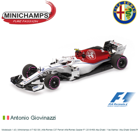 Modelauto 1:43 | Minichamps 417182136 | Alfa Romeo C37 Ferrari Alfa Romeo Sauber F1 2018 #36 Abu Dhabi / Yas Marina / Abu Dhabi