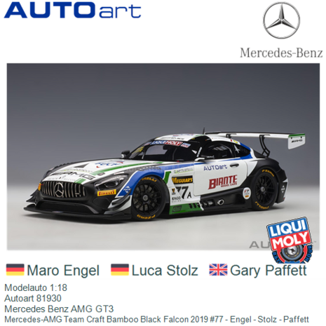 Modelauto 1:18 | Autoart 81930 | Mercedes Benz AMG GT3 | Mercedes-AMG Team Craft Bamboo Black Falcon 2019 #77 - Engel - Stolz -
