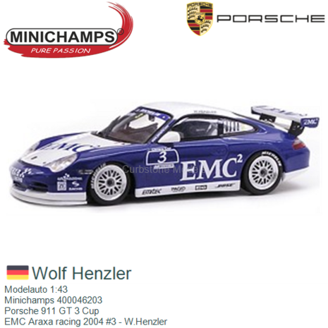 Modelauto 1:43 | Minichamps 400046203 | Porsche 911 GT 3 Cup | EMC Araxa racing 2004 #3 - W.Henzler