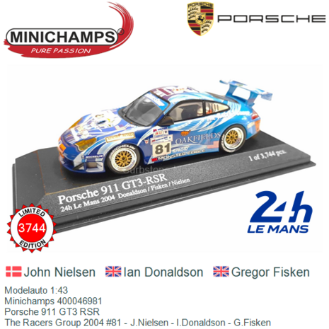 Modelauto 1:43 | Minichamps 400046981 | Porsche 911 GT3 RSR | The Racers Group 2004 #81 - J.Nielsen - I.Donaldson - G.Fisken