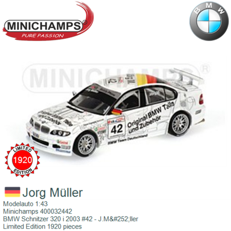 Modelauto 1:43 | Minichamps 400032442 | BMW Schnitzer 320 i 2003 #42 - J.Müller