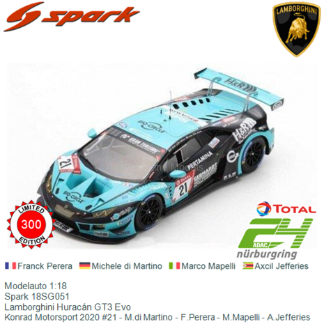 Modelauto 1:18 | Spark 18SG051 | Lamborghini Huracán GT3 Evo | Konrad Motorsport 2020 #21 - M.di Martino - F.Perera - M.Ma