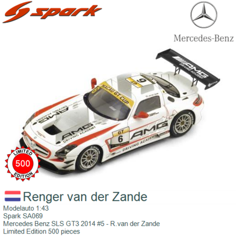 Modelauto 1:43 | Spark SA069 | Mercedes Benz SLS GT3 2014 #5 - R.van der Zande