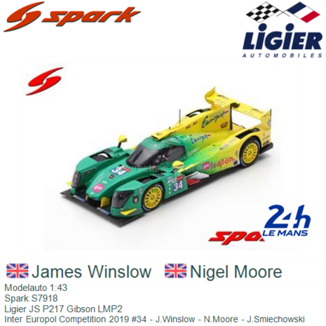Modelauto 1:43 | Spark S7918 | Ligier JS P217 Gibson LMP2 | Inter Europol Competition 2019 #34 - J.Winslow - N.Moore - J.Smiech