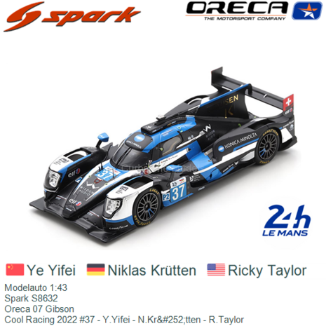 Modelauto 1:43 | Spark S8632 | Oreca 07 Gibson | Cool Racing 2022 #37 - Y.Yifei - N.Kr&#252;tten - R.Taylor