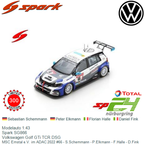 Modelauto 1:43 | Spark SG866 | Volkswagen Golf GTi TCR DSG | MSC Emstal e.V. im ADAC 2022 #66 - S.Schemmann - P.Elkmann - F.Hal