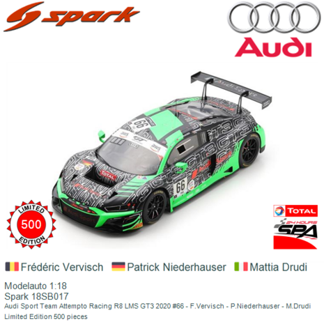 Modelauto 1:18 | Spark 18SB017 | Audi Sport Team Attempto Racing R8 LMS GT3 2020 #66 - F.Vervisch - P.Niederhauser - M.Drudi