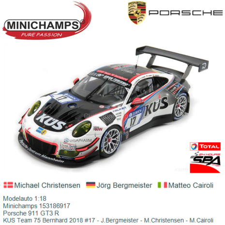 Modelauto 1:18 | Minichamps 153186917 | Porsche 911 GT3 R | KUS Team 75 Bernhard 2018 #17 - J.Bergmeister - M.Christensen - M.C