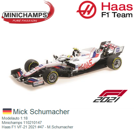 Modelauto 1:18 | Minichamps 110210147 | Haas F1 VF-21 2021 #47 - M.Schumacher