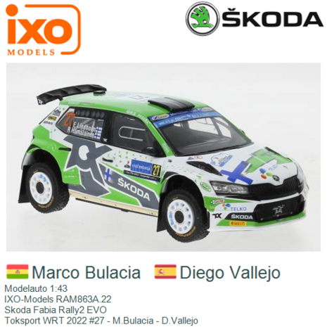 Modelauto 1:43 | IXO-Models RAM863A.22 | Skoda Fabia Rally2 EVO | Toksport WRT 2022 #27 - M.Bulacia - D.Vallejo