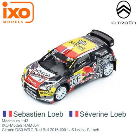Modelauto 1:43 | IXO-Models RAM654 | Citroën DS3 WRC Red Bull 2016 #001 - S.Loeb - S.Loeb
