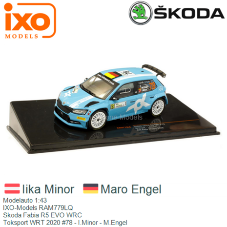 Modelauto 1:43 | IXO-Models RAM779LQ | Skoda Fabia R5 EVO WRC | Toksport WRT 2020 #78 - I.Minor - M.Engel