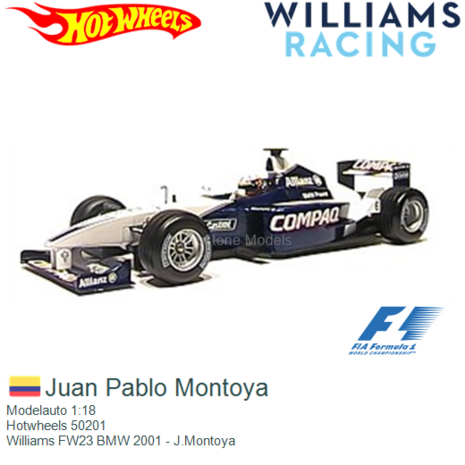 Modelauto 1:18 | Hotwheels 50201 | Williams FW23 BMW 2001 - J.Montoya
