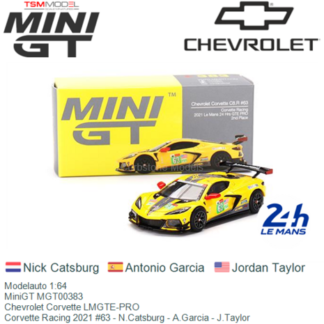 Modelauto 1:64 | MiniGT MGT00383 | Chevrolet Corvette LMGTE-PRO | Corvette Racing 2021 #63 - N.Catsburg - A.Garcia - J.Taylor