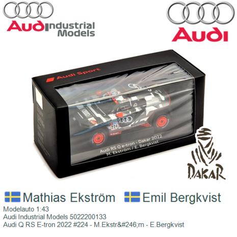 Modelauto 1:43 | Audi Industrial Models 5022200133 | Audi Q RS E-tron 2022 #224 - M.Ekstr&#246;m - E.Bergkvist