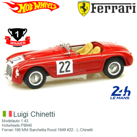 Modelauto 1:43 | Hotwheels P9940 | Ferrari 166 MM Barchetta Rood 1949 #22 - L.Chinetti