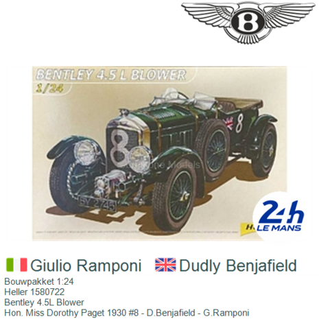 Bouwpakket 1:24 | Heller 1580722 | Bentley 4.5L Blower | Hon. Miss Dorothy Paget 1930 #8 - D.Benjafield - G.Ramponi