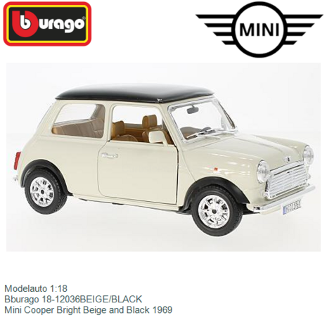 Modelauto 1:18 | Bburago 18-12036BEIGE/BLACK | Mini Cooper Bright Beige and Black 1969