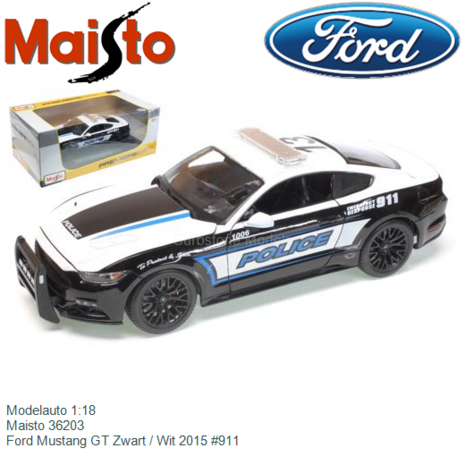 Modelauto 1:18 | Maisto 36203 | Ford Mustang GT Zwart / Wit 2015 #911