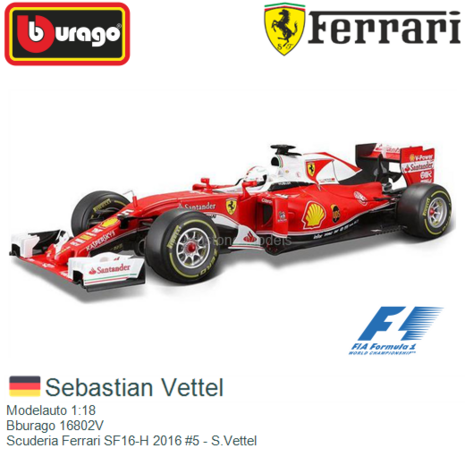 Modelauto 1:18 | Bburago 16802V | Scuderia Ferrari SF16-H 2016 #5 - S.Vettel