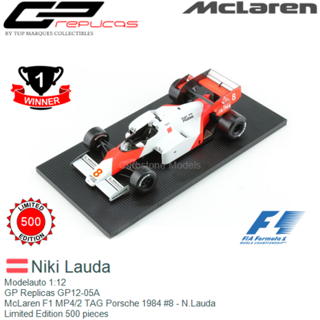 Modelauto 1:12 | GP Replicas GP12-05A | McLaren F1 MP4/2 TAG Porsche 1984 #8 - N.Lauda