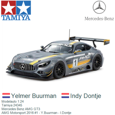 Modelauto 1:24 | Tamiya 24345 | Mercedes Benz AMG GT3 | AMG Motorsport 2016 #1 - Y.Buurman - I.Dontje