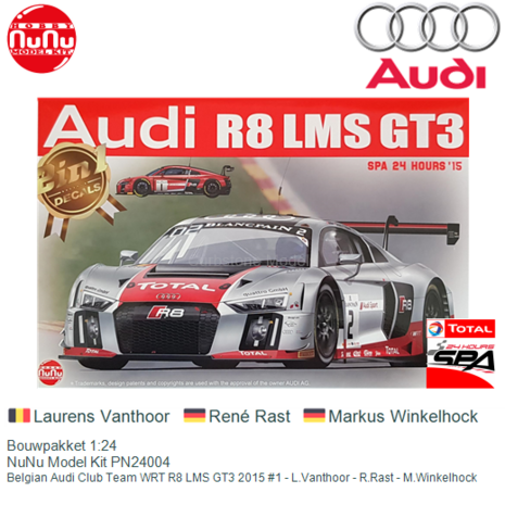 Bouwpakket 1:24 | NuNu Model Kit PN24004 | Belgian Audi Club Team WRT R8 LMS GT3 2015 #1 - L.Vanthoor - R.Rast - M.Winkelhock