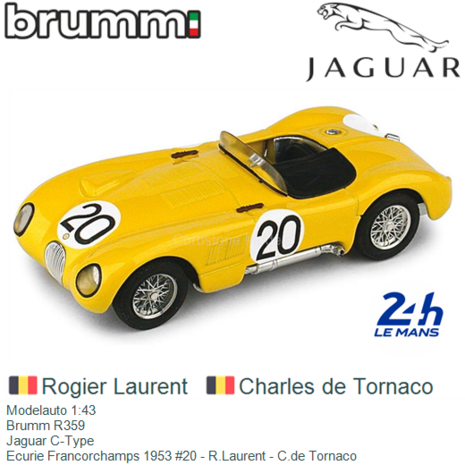 Modelauto 1:43 | Brumm R359 | Jaguar C-Type | Ecurie Francorchamps 1953 #20 - R.Laurent - C.de Tornaco