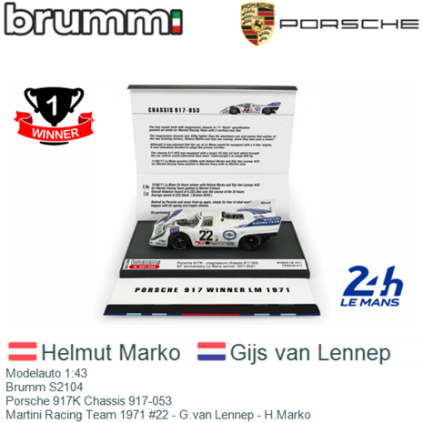 Modelauto 1:43 | Brumm S2104 | Porsche 917K Chassis 917-053 | Martini Racing Team 1971 #22 - G.van Lennep - H.Marko