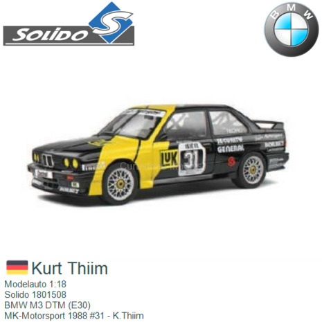 Modelauto 1:18 | Solido 1801508 | BMW M3 DTM (E30) | MK-Motorsport 1988 #31 - K.Thiim