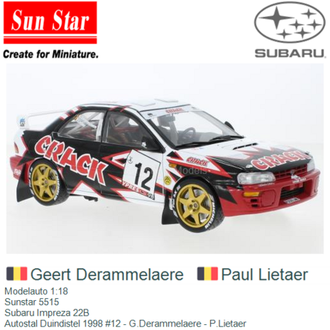 Modelauto 1:18 | Sunstar 5515 | Subaru Impreza 22B | Autostal Duindistel 1998 #12 - G.Derammelaere - P.Lietaer