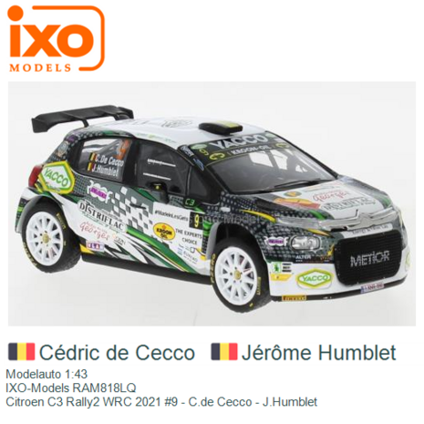 Modelauto 1:43 | IXO-Models RAM818LQ | Citroen C3 Rally2 WRC 2021 #9 - C.de Cecco - J.Humblet 