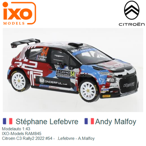Modelauto 1:43 | IXO-Models RAM845 | Citroën C3 Rally2 2022 #54 -  .Lefebvre - A.Malfoy