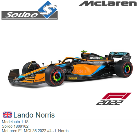Modelauto 1:18 | Solido 1809102 | McLaren F1 MCL36 2022 #4 - L.Norris