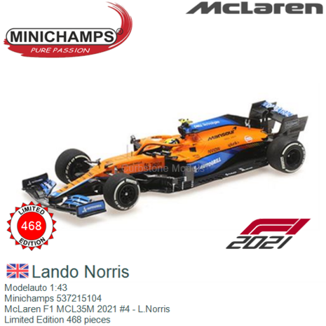 Modelauto 1:43 | Minichamps 537215104 | McLaren F1 MCL35M 2021 #4 - L.Norris