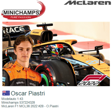 Modelauto 1:43 | Minichamps 537224328 | McLaren F1 MCL36 2022 #28 - O.Piastri