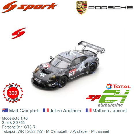 Modelauto 1:43 | Spark SG865 | Porsche 911 GT3 R | Toksport WRT 2022 #27 - M.Campbell - J.Andlauer - M.Jaminet