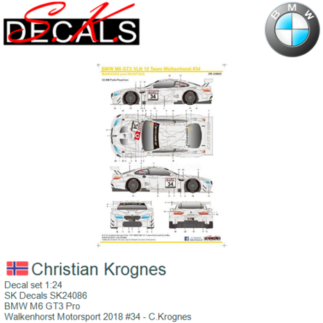 Decal set 1:24 | SK Decals SK24086 | BMW M6 GT3 Pro | Walkenhorst Motorsport 2018 #34 - C.Krognes