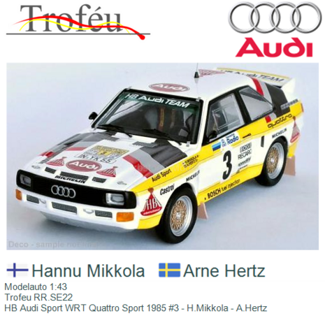 Modelauto 1:43 | Trofeu RR.SE22 | HB Audi Sport WRT Quattro Sport 1985 #3 - H.Mikkola - A.Hertz