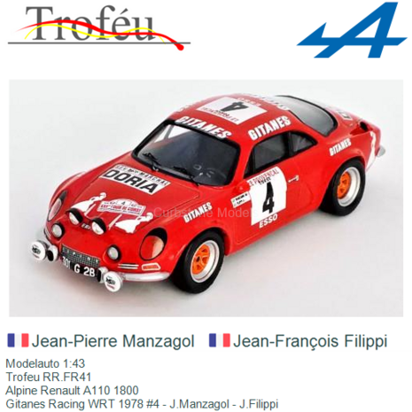 Modelauto 1:43 | Trofeu RR.FR41 | Alpine Renault A110 1800 | Gitanes Racing WRT 1978 #4 - J.Manzagol - J.Filippi