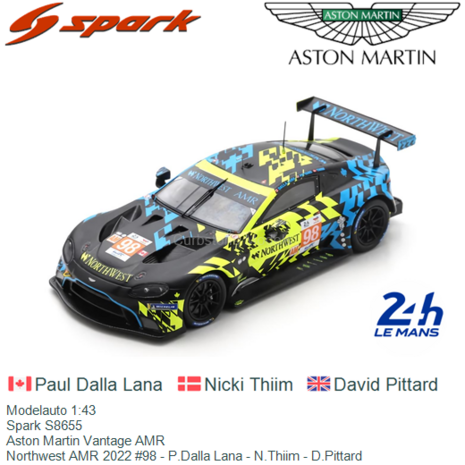 Modelauto 1:43 | Spark S8655 | Aston Martin Vantage AMR | Northwest AMR 2022 #98 - P.Dalla Lana - N.Thiim - D.Pittard