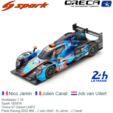 Modelauto 1:18 | Spark 18S816 | Oreca 07 Gibson LMP2 | Panis Racing 2022 #65 - J.van Uitert - N.Jamin - J.Canal
